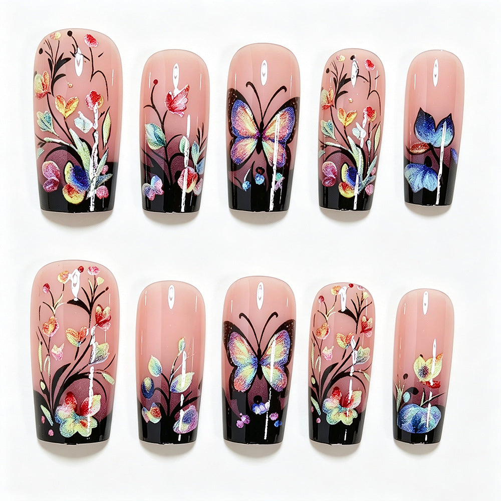 Künstlerische Blumen- und Schmetterlings-Press-On-Nagelkunst Brehn