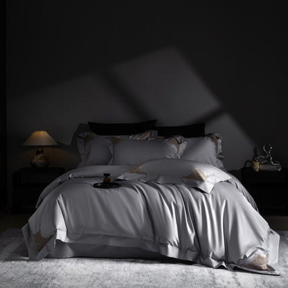 Luxus Sateen Bettbezug Set mit gestickten Eckenmotiven