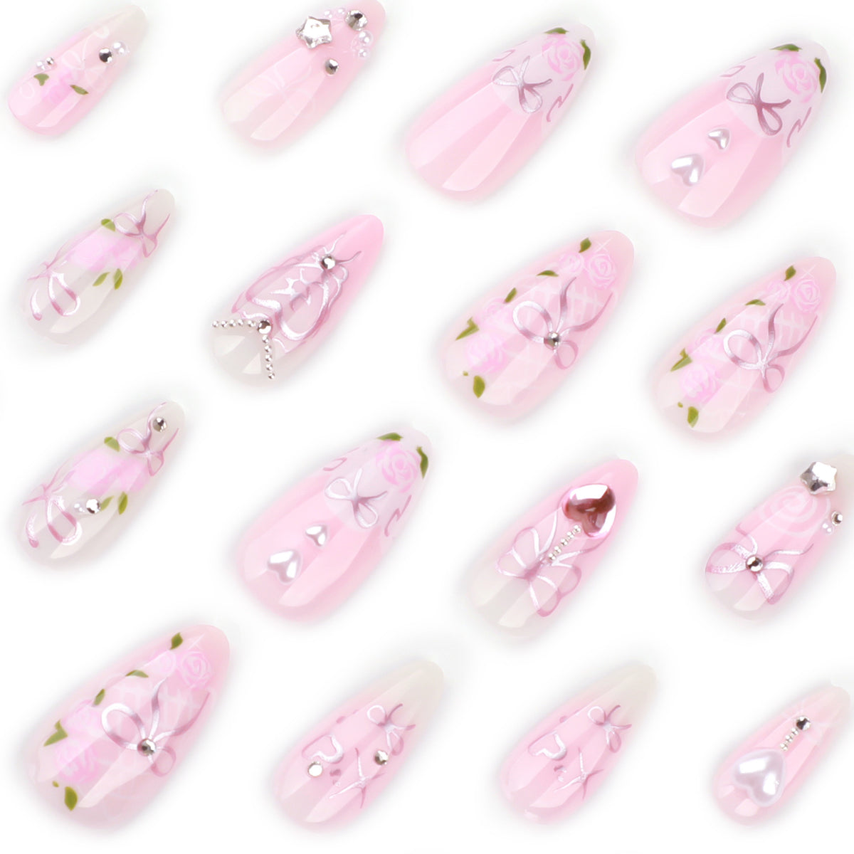 Kunstvolle Nagelkunst mit romantischen Rosen- und Schleifenmotiven Brehn