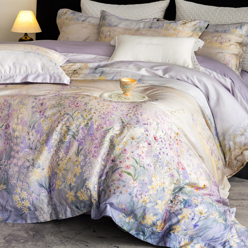 Seidenglänzende Satin-Bettwäschegarnitur mit aquarelliertem Wiesenblumen-Print und verdecktem Reißverschluss