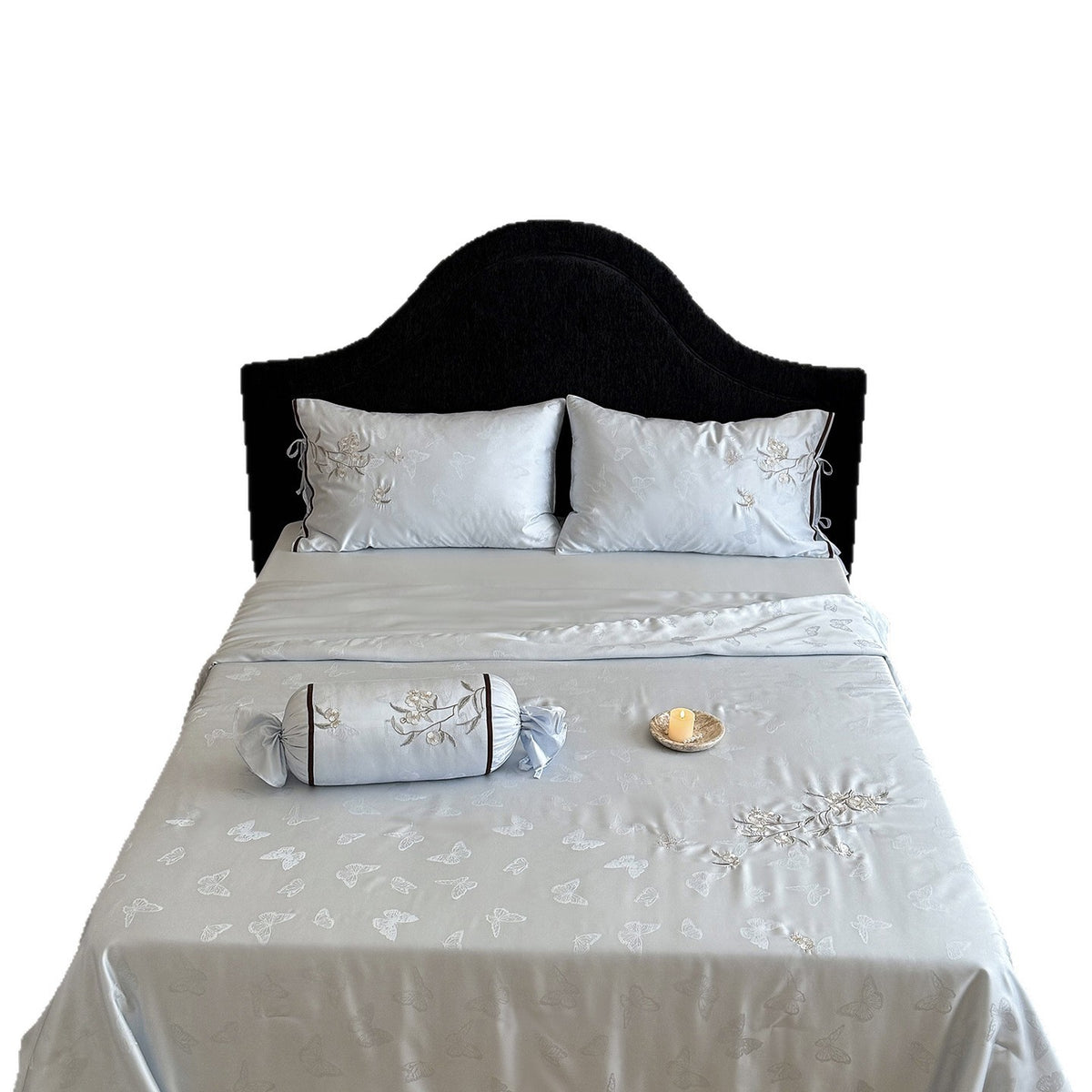 Leichtes Jacquard-Satin-Bettwäsche-Set mit besticktem Schmetterlingsmotiv und Dekorrolle Brehn