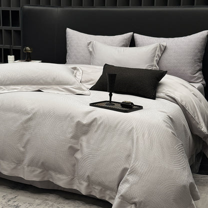 Strukturiertes Jacquard-Baumwoll-Satin-Duvetbezug-Set mit satinierter Kante und gesteppten Euro-Kissenbezügen