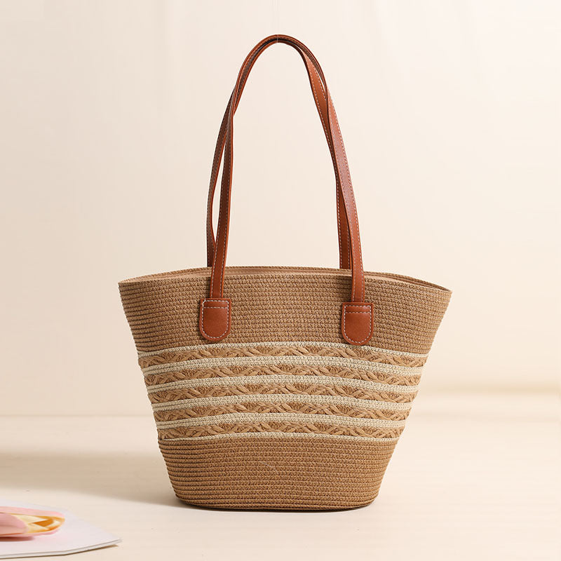 Damen Strandtasche aus hochwertigem geflochtenem Naturmaterial mit stilvollen Lederakzenten Brehn
