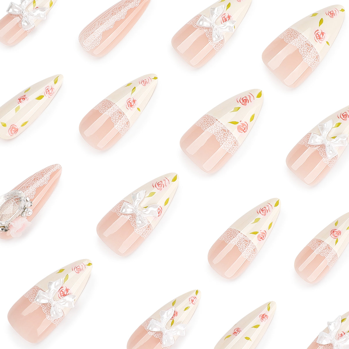 Kunstvolle Stiletto-Nägel mit floralen Akzenten und Glitzerakzenten Brehn