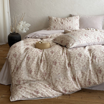 Vintage Toile Baumwolle Bettbezug Set mit Spitzeneinlage und wendbarem einfarbigem Rücken