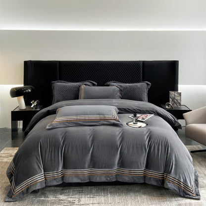Luxuriöses Velvet Bettbezug- und Kissenbezug-Bettwäsche-Set mit besticktem Saum