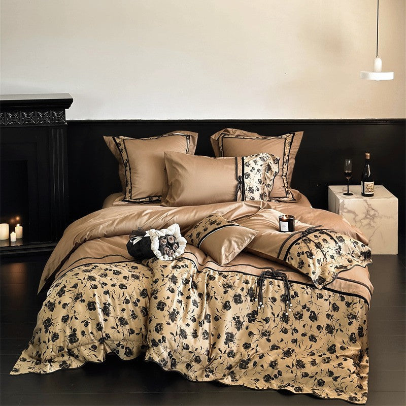 Luxuriöses Satin-Mix Floral Jacquard Bettwäsche-Set mit wendbarem Streifenfutter & dekorativen Kissenbezügen