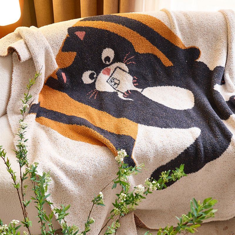 Plüsch Chenille Wurfdecke mit Cartoon-Katze Jacquard und Sherpa-Rückseite