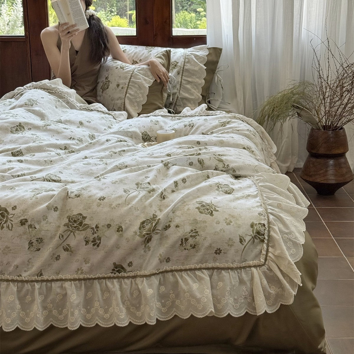 Vintage Floral Ruffled Lace Bettbezug Set