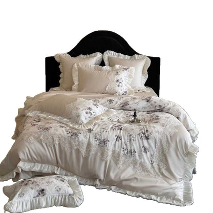 Florales Spitzen-Applikation Sateen Bettbezug Set mit Rüschensatinbesatz