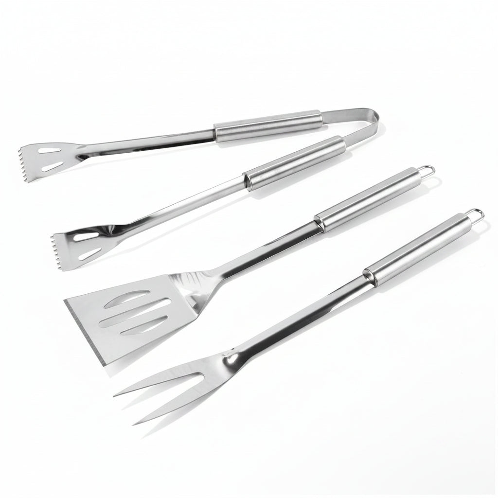 Edelstahl Grillbesteck Set mit Langstieligen Wendespachtel Gabel Zange und Schaber Brehn