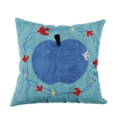 Decorative Velvet Square Throw Pillow with Illustrated Apple & Swallow Motif
