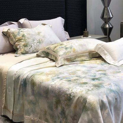 Luxuriöses Satin-Bettwäsche-Set mit Aquarell-Blumenmuster