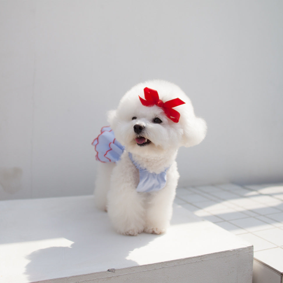 Schichtige Chiffon Rüschenträger-Hundekleid mit elastischem Rücken und Kontrastbesatz