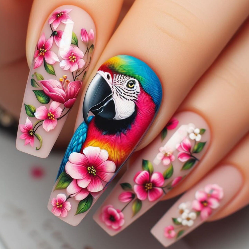 Exquisite Kunstnägel mit buntem Blumen- und Papageienmotiv Brehn