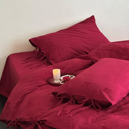 Luxuriöses Baumwollsatin-Bettwäsche-Set mit Zierbändern und Jacquardstruktur