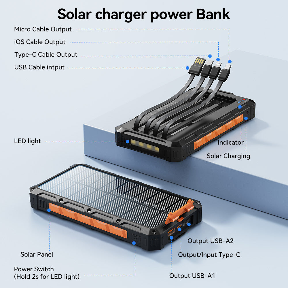 Solar-Powerbank mit Integrierten Ladekabeln und Robustem Gehäuse Brehn