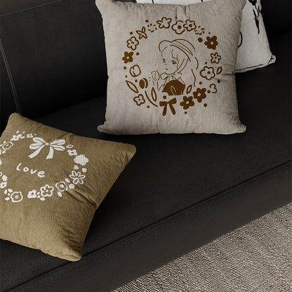 Square Plush Textured Decorative Pillow Cover with Hand-Drawn Pizza Illustration and Botanical Accents