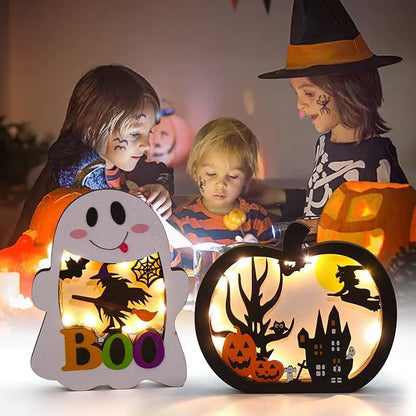 Holz-Deko-Set dreidimensionale Halloween-Schattenboxen mit LED-Beleuchtung und mehrlagigen Motiven