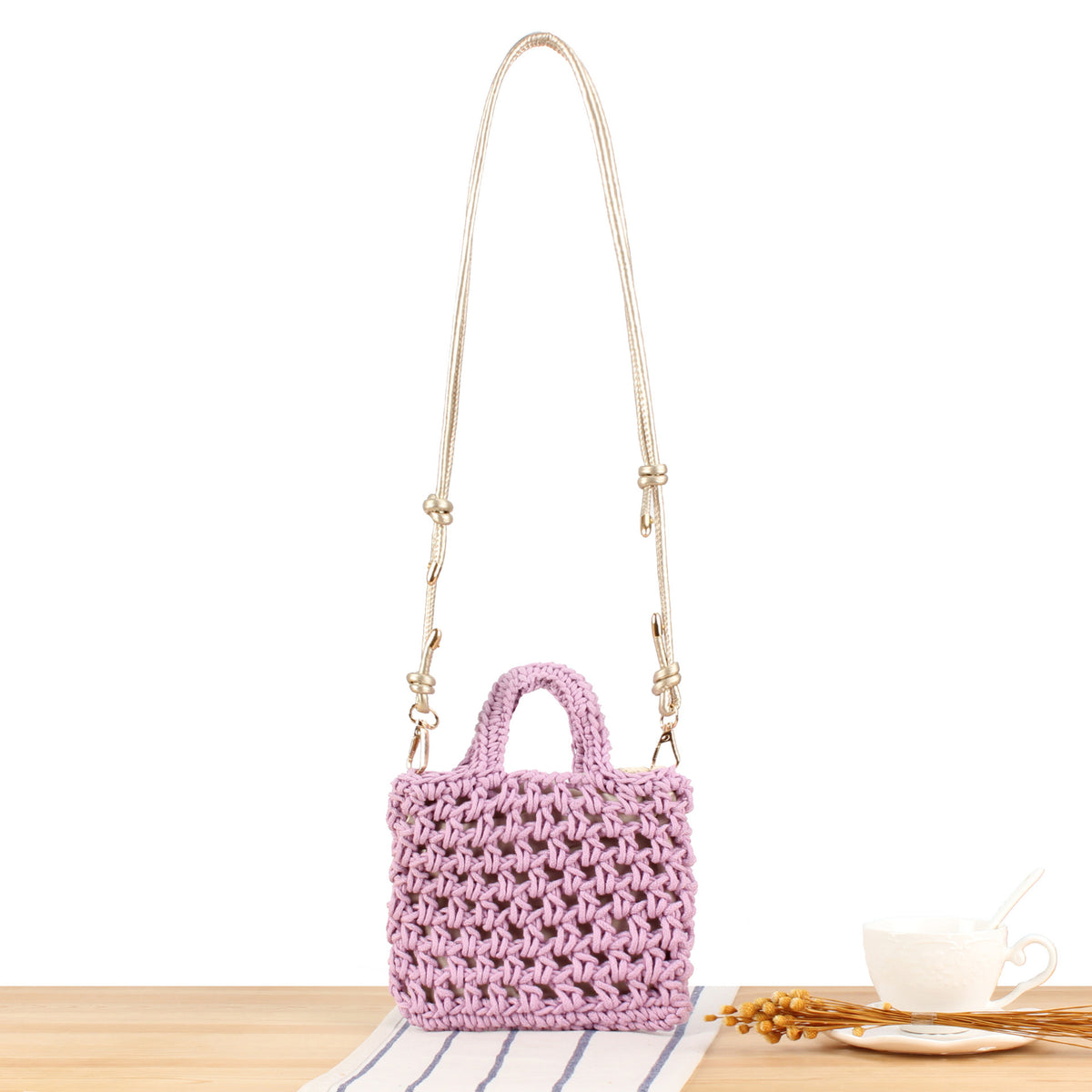 Handtasche Aus Handgefertigtem Makramee mit Verstellbarem Schulterriemen Brehn