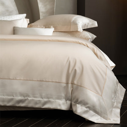 Luxuriöses Satins Bettbezug-Set mit Jacquardbordüre, gewelltem besticktem Saum und Euro-Kissenbezügen