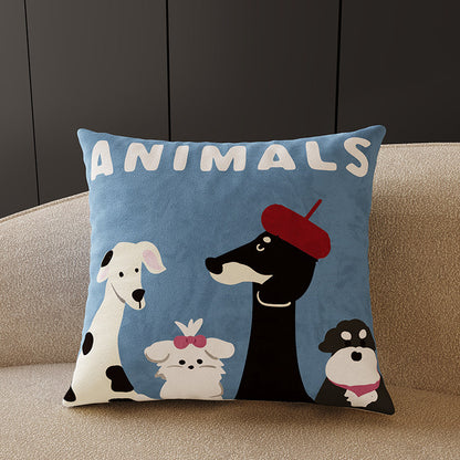 Plush Velvet Decorative Square Throw Pillow Cover with Cartoon Dog Family Illustration and Hidden Zipper