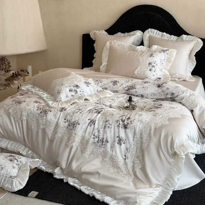 Florales Spitzen-Applikation Sateen Bettbezug Set mit Rüschensatinbesatz