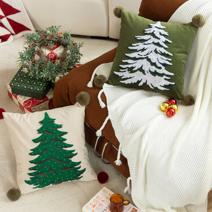 Dekorativer Samt-Kissenbezug mit handgetuftetem Tannenbaum, Pompon-Ecken und Perlenapplikation Brehn