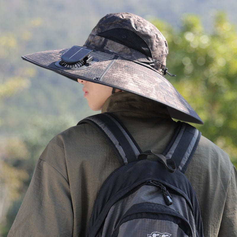 Breite-Krempe Outdoor Sonnenhut mit solarbetriebenem Mikroventilator, atmungsaktivem Mesh und verstellbarem Kinnriemen Brehn
