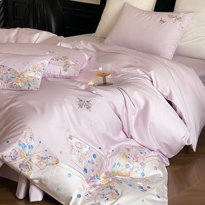 Satin-Feel Schmetterlings bestickte Bettwäsche Set