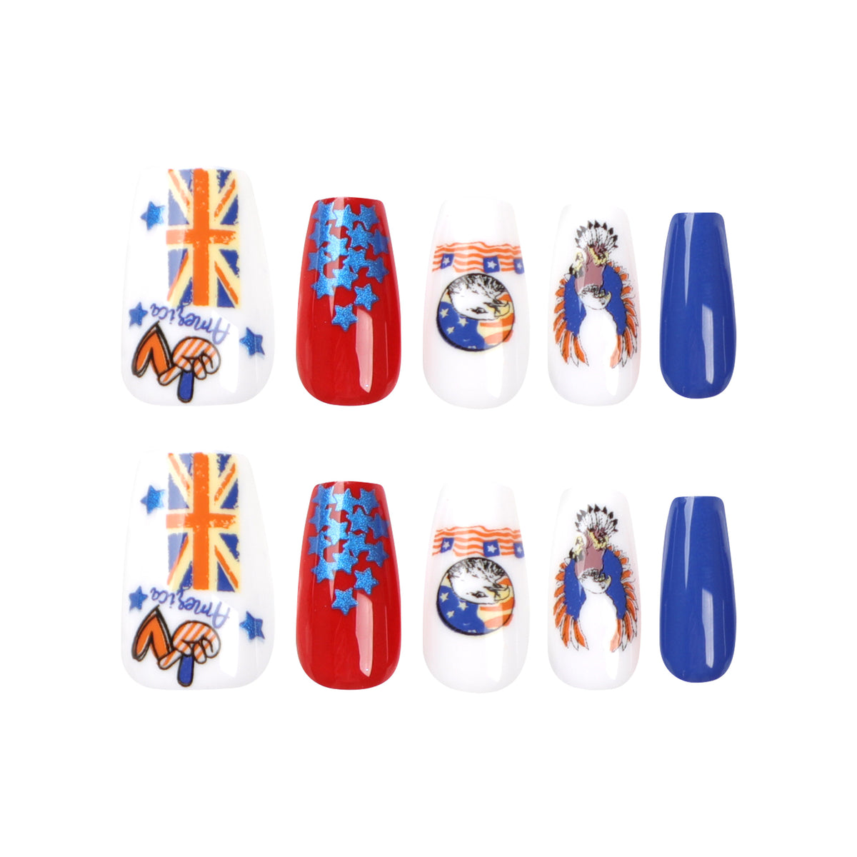 Kunstvolle Nagelverlängerungen mit patriotischen Designs Brehn