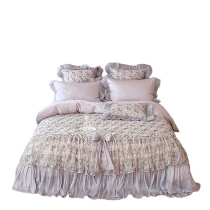 Romantisches Satin-Bettwäsche-Set mit Rüschen und Spitzen-Bettüberwurf