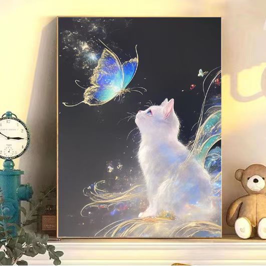 Verzaubernder Katzen- und Schmetterlings-Kunstdruck Brehn