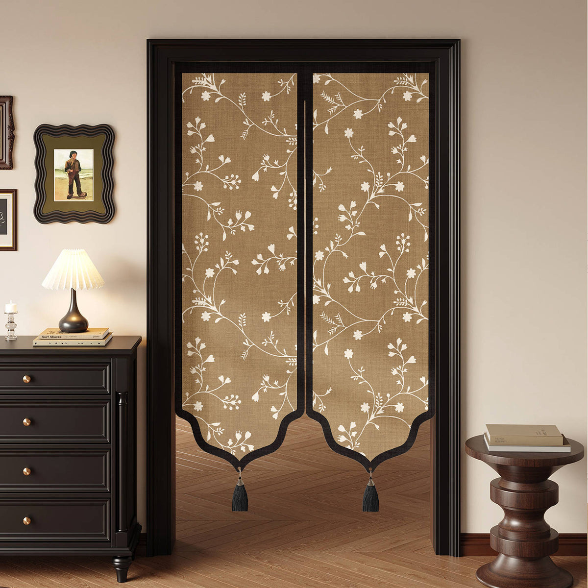 Decorative Split Noren Door Curtain Panel with Floral Jacquard and Tassel Weights