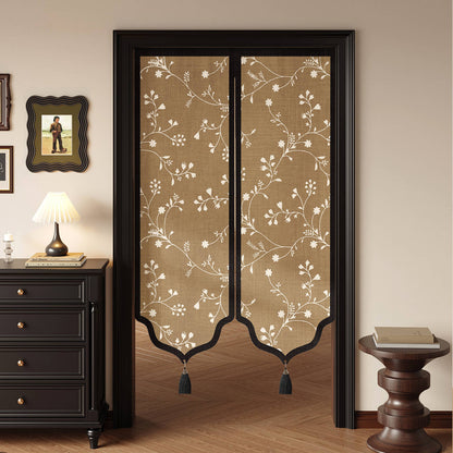 Decorative Split Noren Door Curtain Panel with Floral Jacquard and Tassel Weights