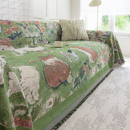 Reversible Jacquard Woven Seagull-Pattern Fringed Sofa Throw Cover
