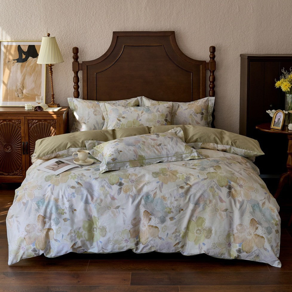 Bettwäsche-Garnitur aus Baumwollsatin mit floralem Aquarellrosen-Print und Wendefunktion