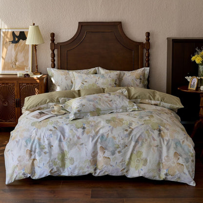 Bettwäsche-Garnitur aus Baumwollsatin mit floralem Aquarellrosen-Print und Wendefunktion