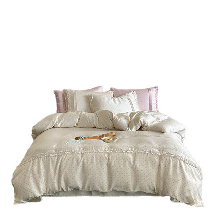 Punkte-Baumwoll-Satin Bettwäsche-Set mit Rüschenschlafkissen
