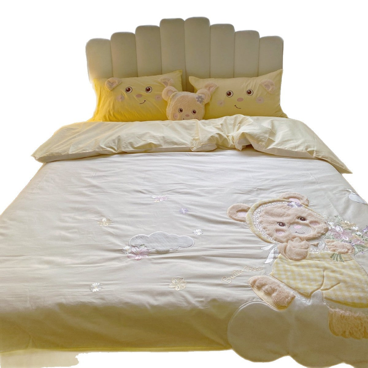 Bestickte Teddy Bettbezug Set mit Plüschapplikation und Karoborte
