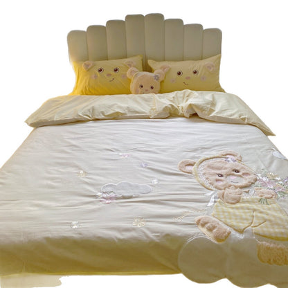 Bestickte Teddy Bettbezug Set mit Plüschapplikation und Karoborte