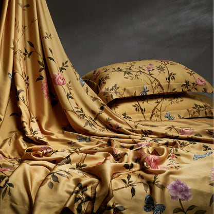 Blumen-Aquarell Satin-Feel Wendebettbezug Set mit botanischem Druck & Paspel-Kissenbezügen