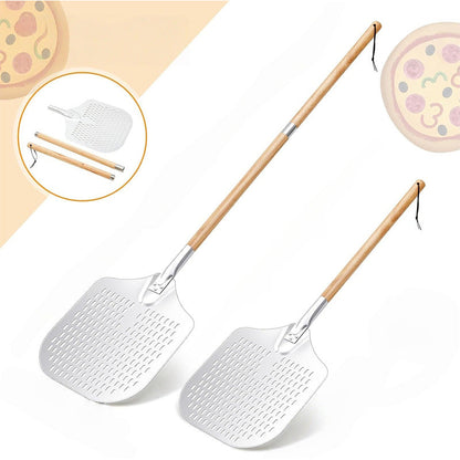 lange Griffe perforierte Pizzaschaufel Set mit Holzgriff Edelstahl Schneider und Dreieckserver Brehn