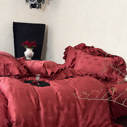 Luxuriöse Satin-Bettwäschegarnitur mit Herz-Jacquard, Volant-Rüschen und Hotelverschluss Brehn