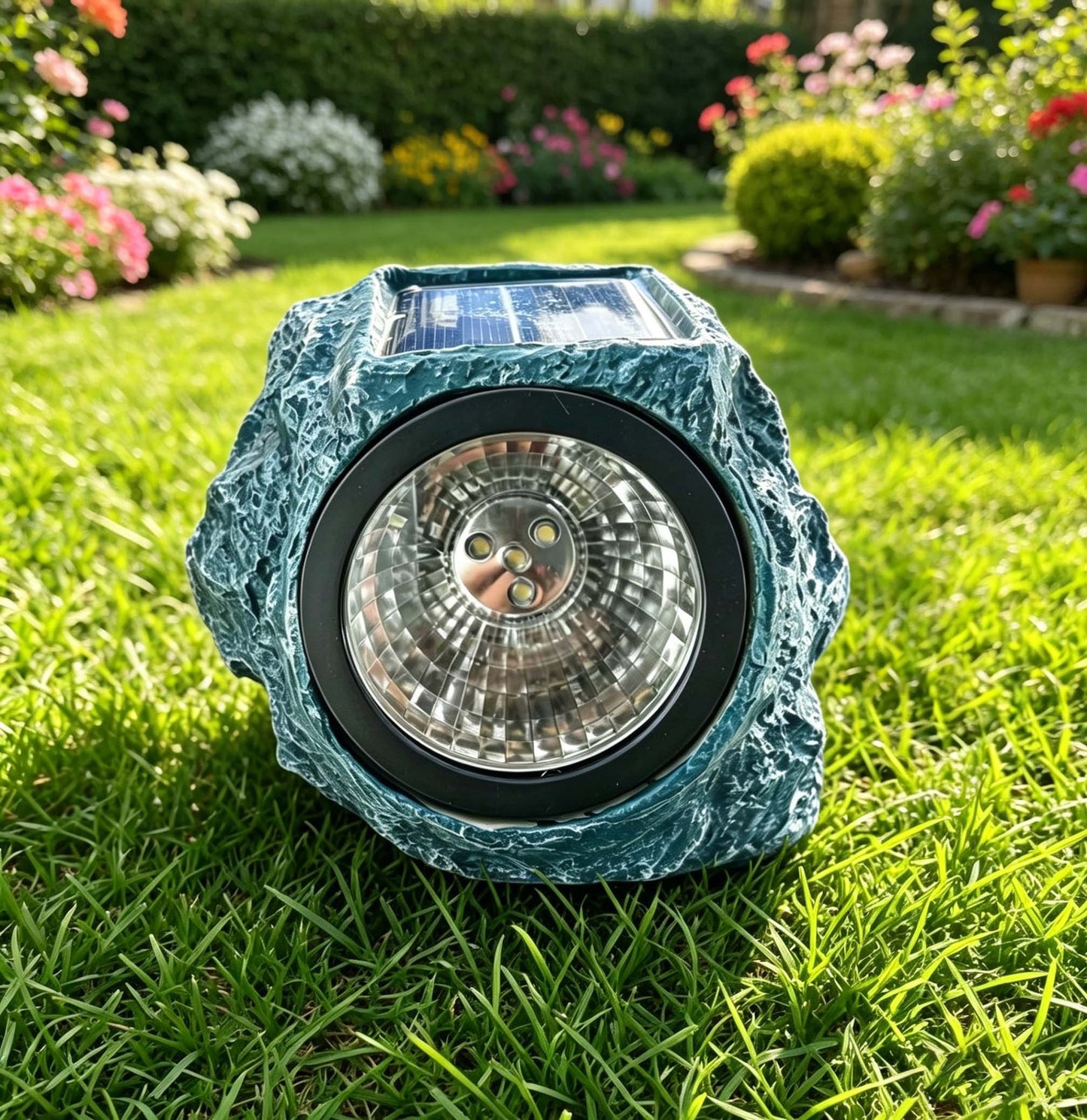 Solarbetriebene LED-Faux-Rock-Gartenstrahler mit integriertem Solarpanel und wetterfestem strukturiertem Har Gehäuse Brehn