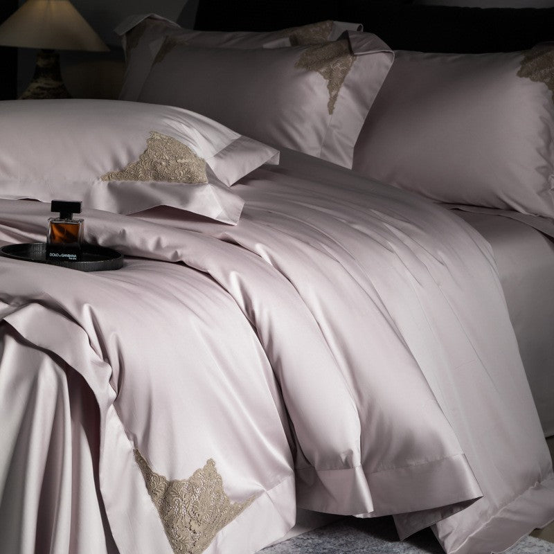 Luxus Sateen Bettbezug Set mit gestickten Eckenmotiven
