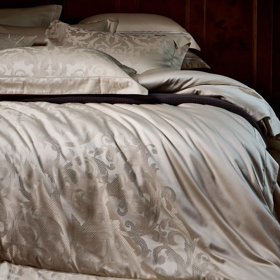 Luxuriöses Jacquard-Damaskus-Baumwollsatin-Bettbezug-Set mit Umschlag-Kissenbezügen