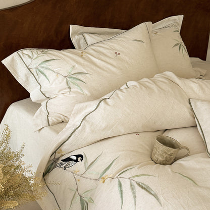 Naturlinen Bestickte Botanische Bettbezug Set mit Handgezeichnetem Vogelmotiv