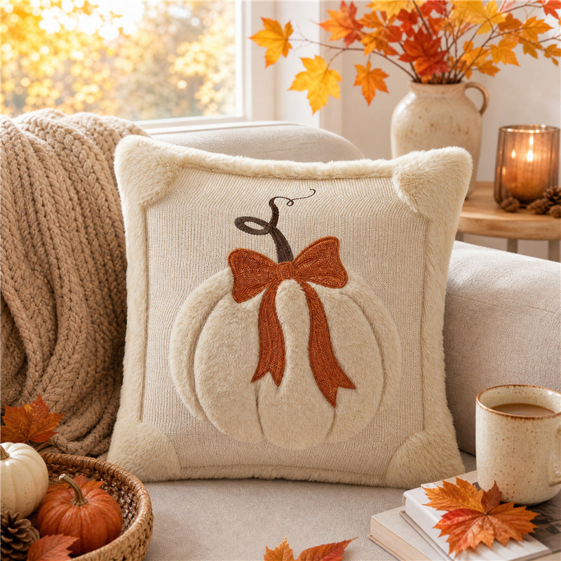Herbst Kürbis Chenille Geplüschtes Quadratisches Wurfkissenüberzug mit Plüsch Erhobenem Motiv