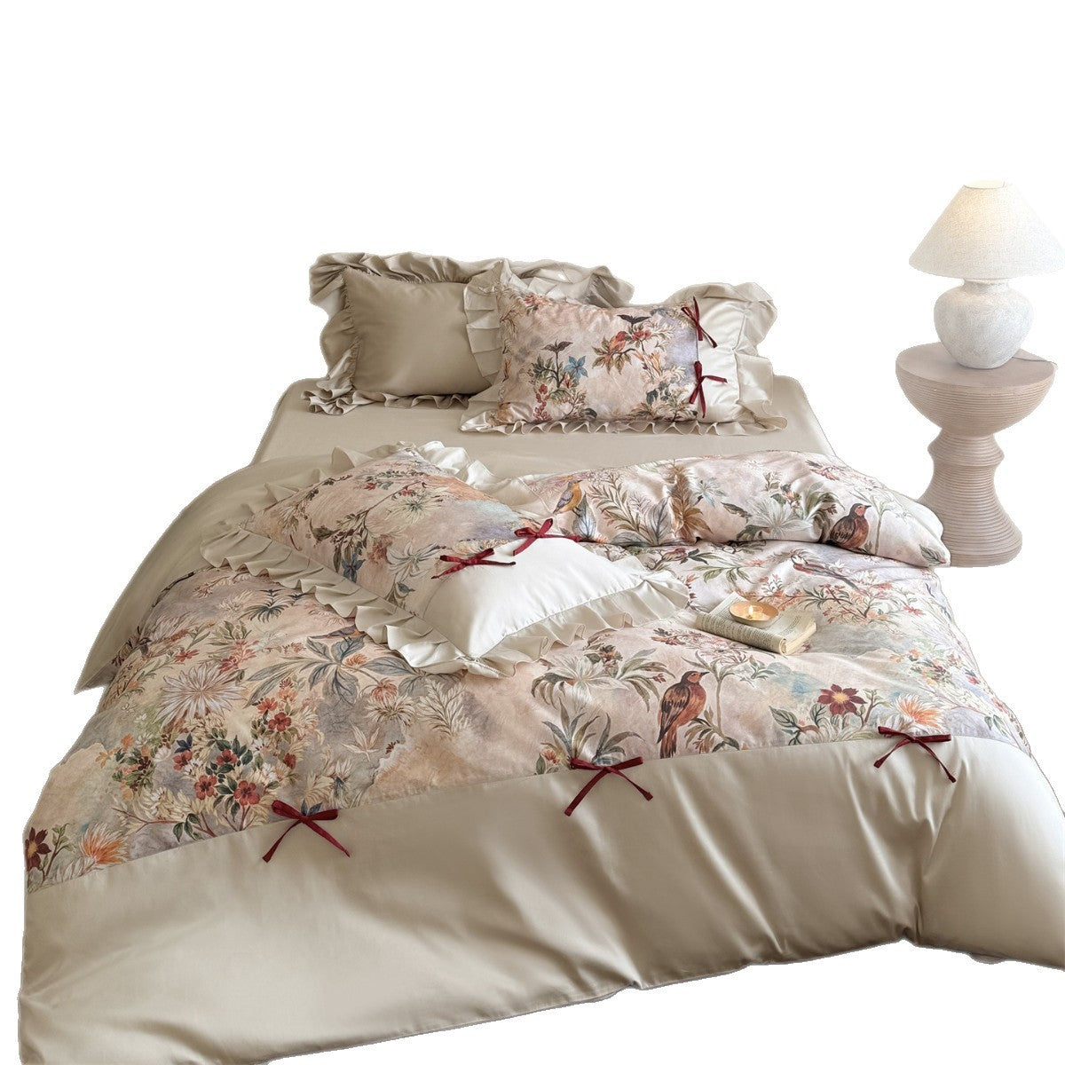 Floral Rüsch Satin-Feel Bettbezug Set mit Vogelprint und Band-Tie Kissenbezügen